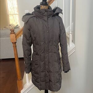 Women's Gray Calvin Klein Puffer Coat with Fur Trim (L)